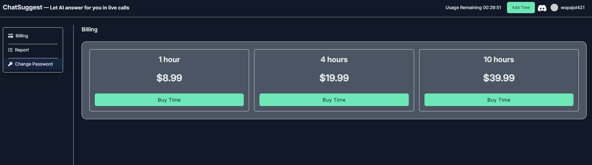 Usage-based billing, with the remaining session time visible while a call is running.