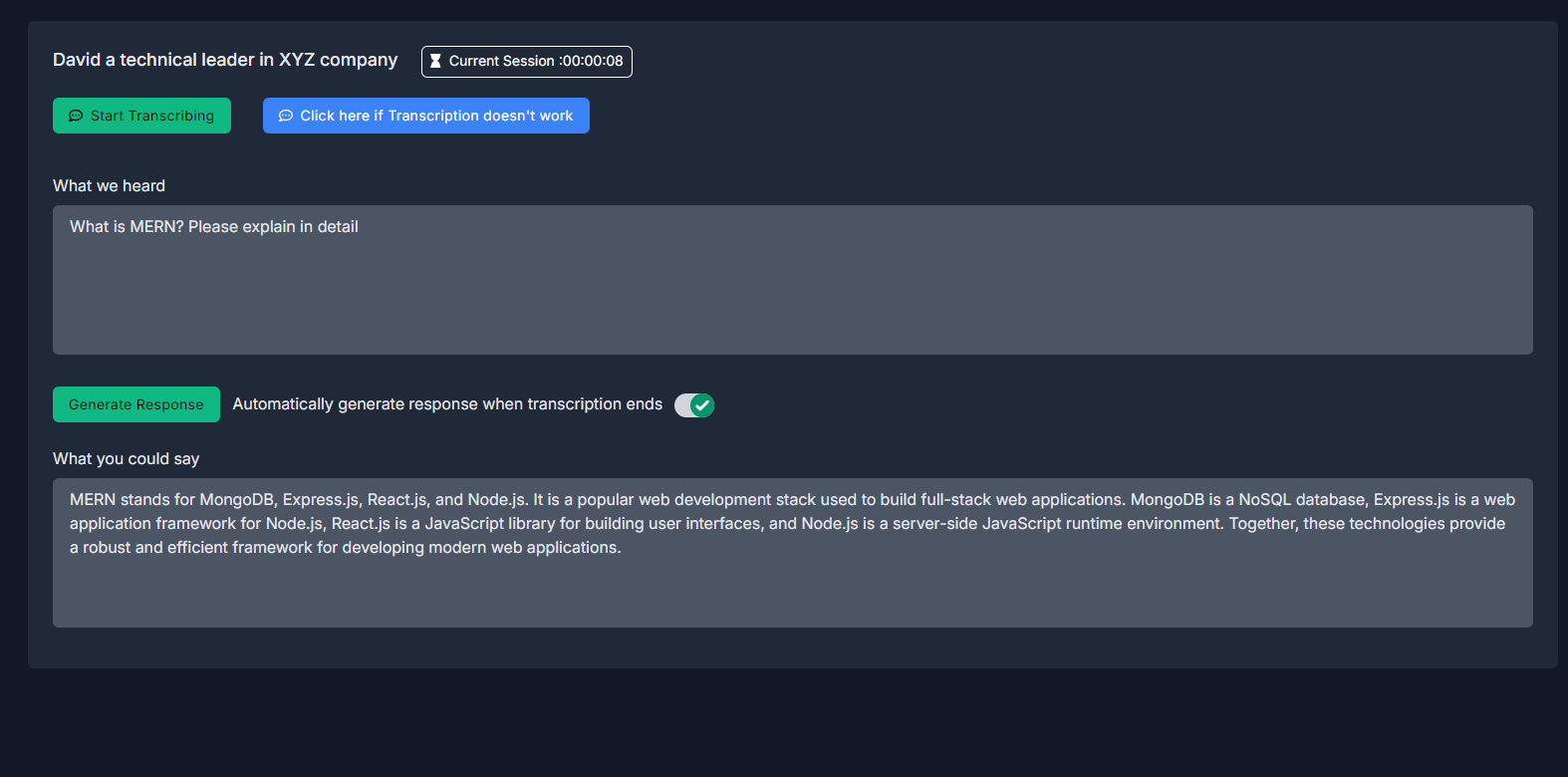 The live session: transcribed audio on top, a generated response underneath, with auto-generate armed.