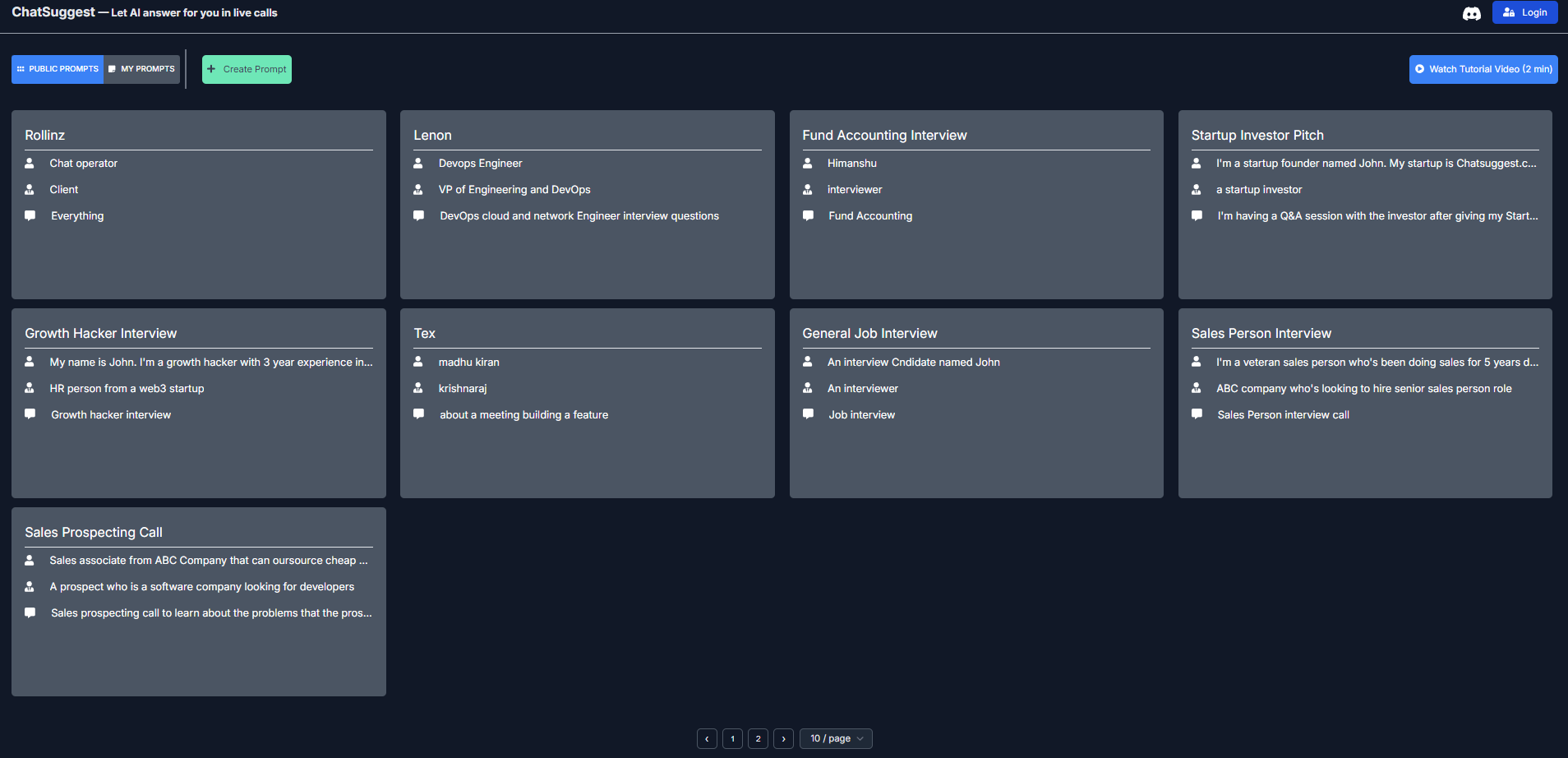 The prompt library. Each card sets the speaker, the counterpart, and the scenario for the call.