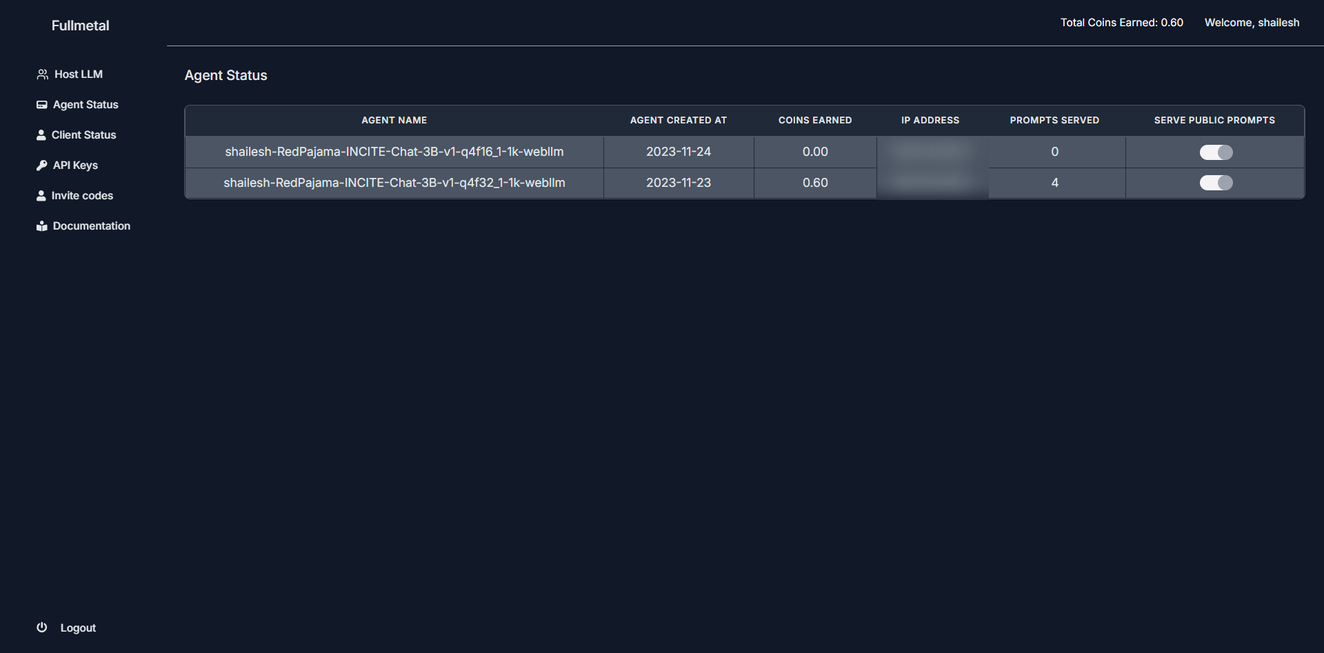 Agent status: models served, prompts handled, coins earned, and the public-serving toggle per agent.