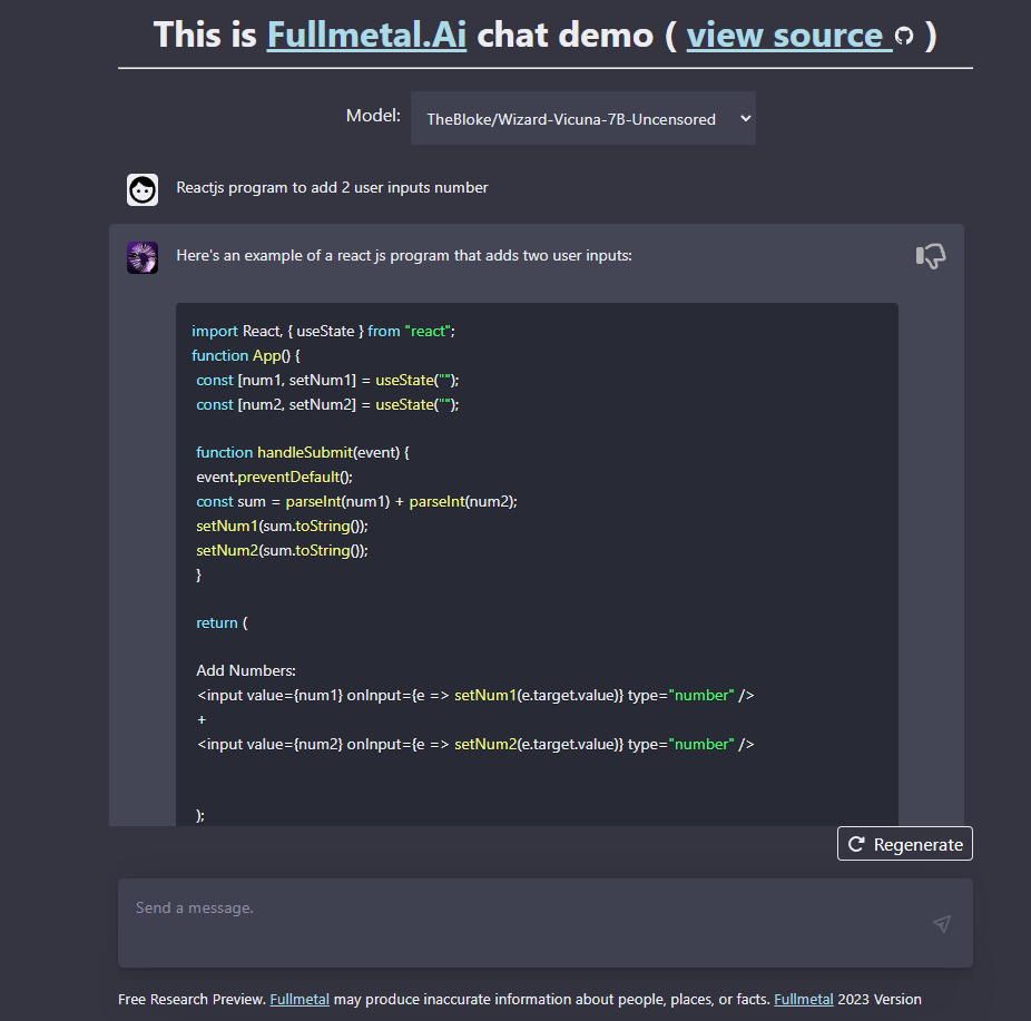 The chat demo, running a selected open-source model and returning generated code.