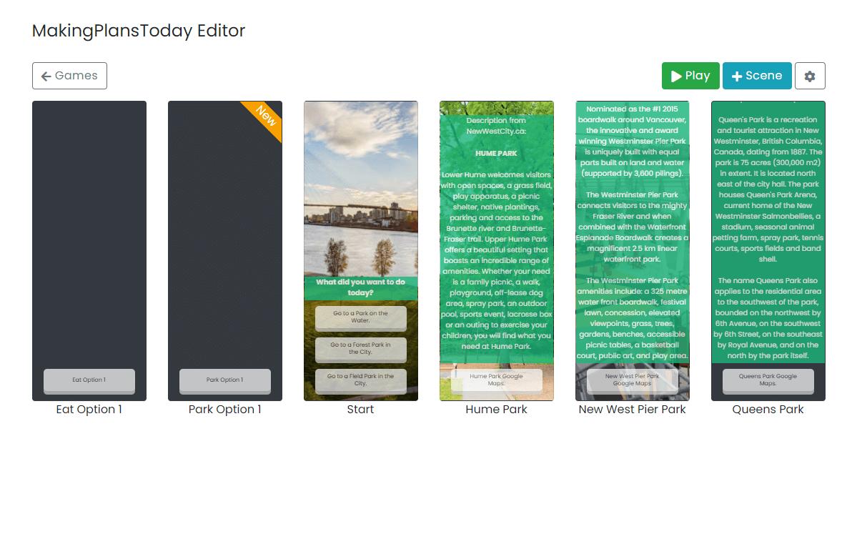 The scene editor. Each card is a scene, with its media, text, and the choices that branch from it.