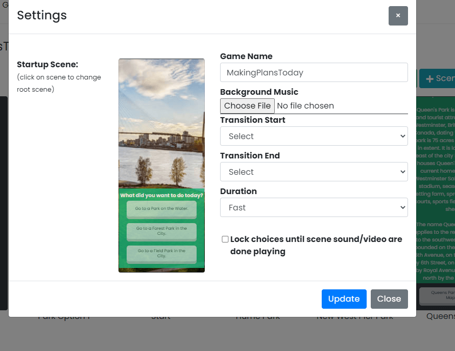 Per-game settings: starting scene, background music, transitions, and choice-locking during playback.