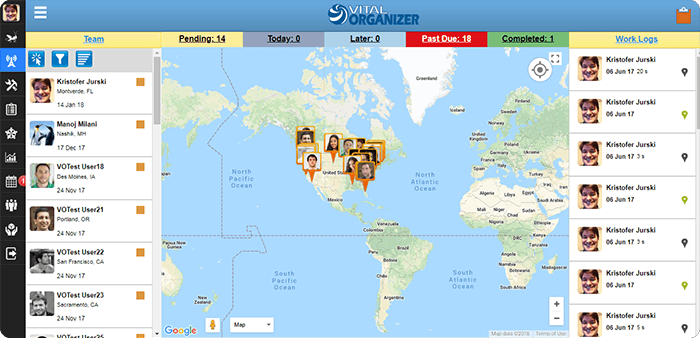 The dispatch map: worker locations, team roster, and work order status counts in one view.