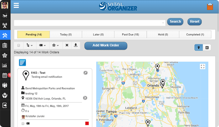 Work order management, with each job's site, schedule, and assigned worker beside the map.