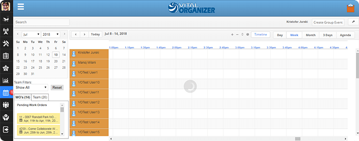 Team scheduling across a weekly timeline, with pending work orders alongside the calendar.