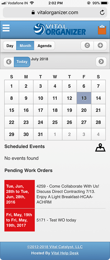 The mobile view, giving field workers their calendar and pending work orders on site.